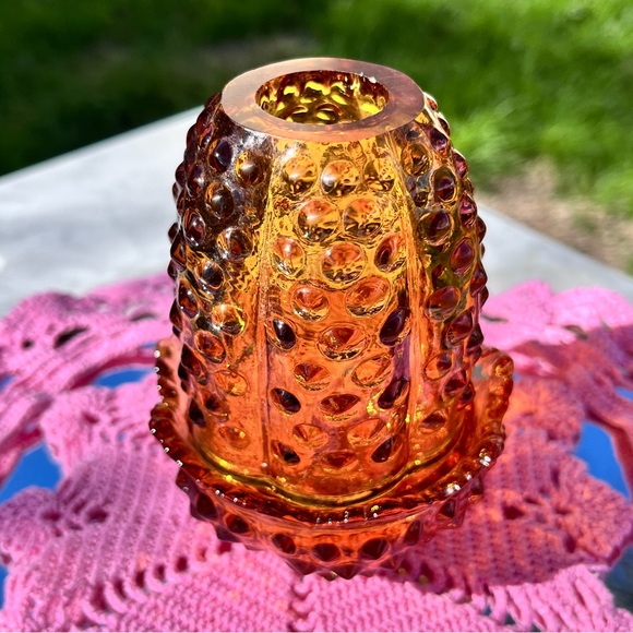 Vintage Fenton Amber Glass Hobnail Fairy Lamp Candle Holder, 2 pc, approx 4.75" - Picture 7 of 14